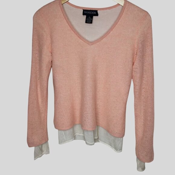 MAGASCHONI Cashmere Silk Layered Sweater Blush V-Neck Quiet Luxe Minimalist PM - Picture 1 of 9